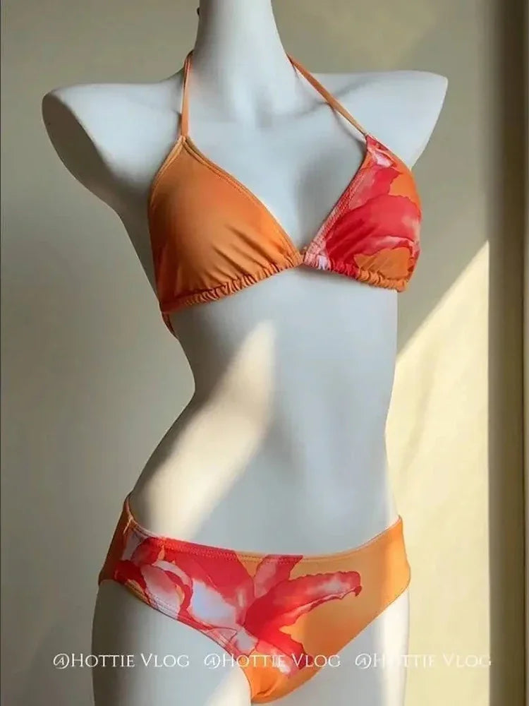 Women Sexy Beach Swimsuit 3 Piece Sets Summer Hotsweet Bikini Halter Tops Fashion Slim Lace Up Print Slit Lady Long Skirt