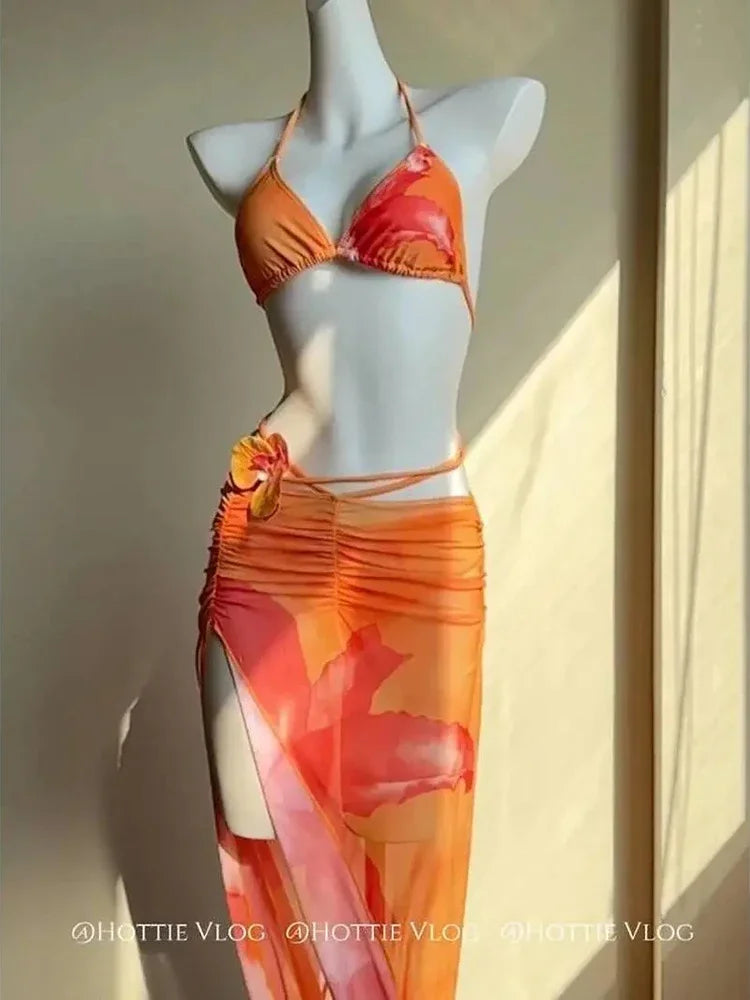 Women Sexy Beach Swimsuit 3 Piece Sets Summer Hotsweet Bikini Halter Tops Fashion Slim Lace Up Print Slit Lady Long Skirt