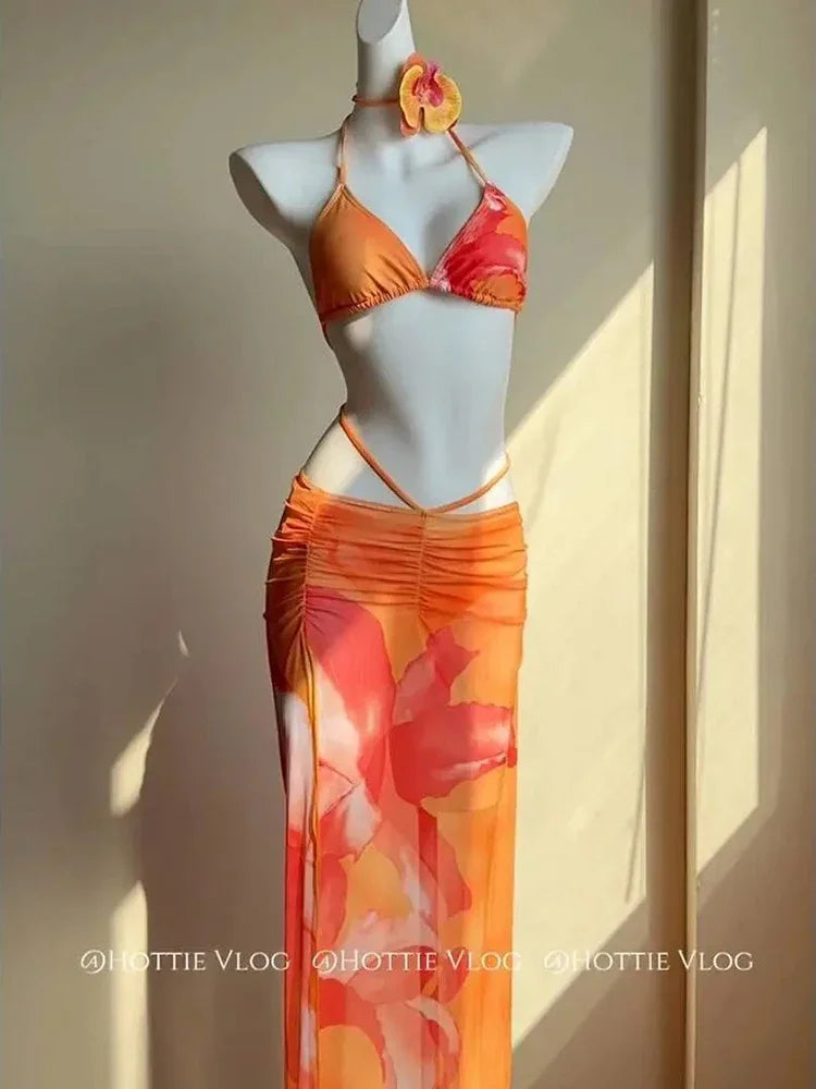 Women Sexy Beach Swimsuit 3 Piece Sets Summer Hotsweet Bikini Halter Tops Fashion Slim Lace Up Print Slit Lady Long Skirt