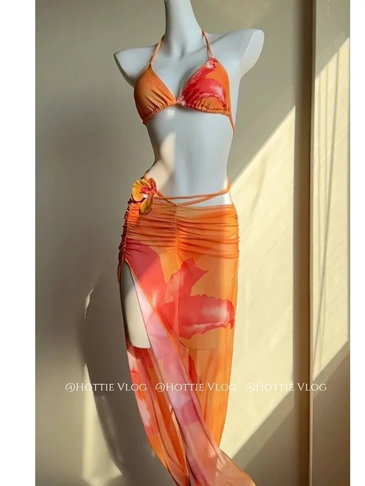 Women Sexy Beach Swimsuit 3 Piece Sets Summer Hotsweet Bikini Halter Tops Fashion Slim Lace Up Print Slit Lady Long Skirt