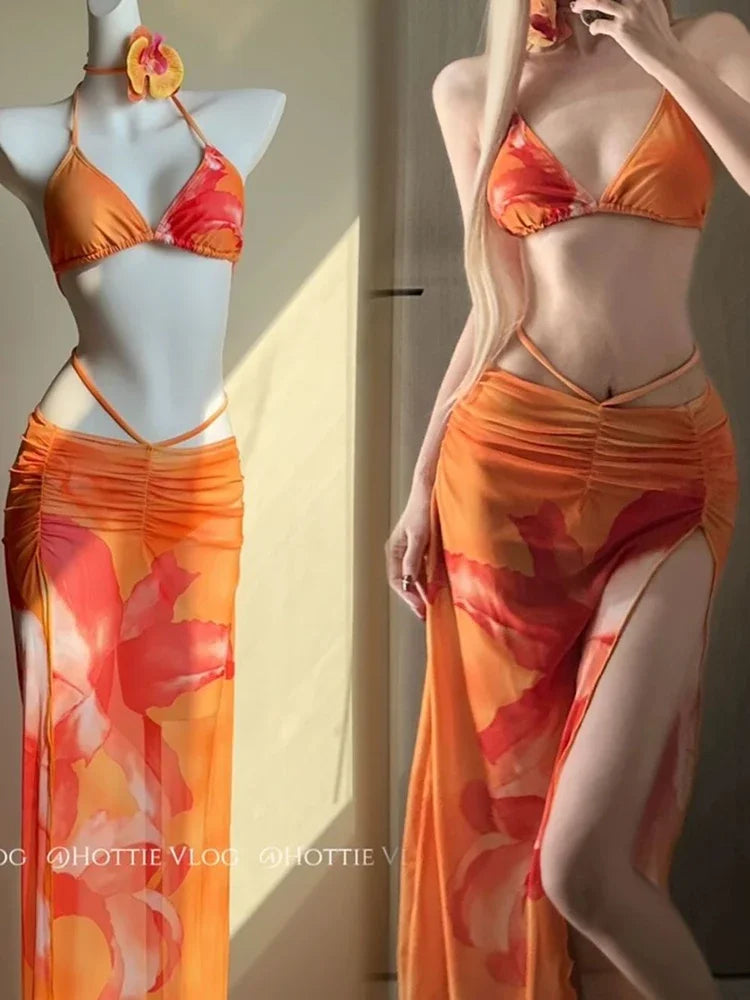 Women Sexy Beach Swimsuit 3 Piece Sets Summer Hotsweet Bikini Halter Tops Fashion Slim Lace Up Print Slit Lady Long Skirt