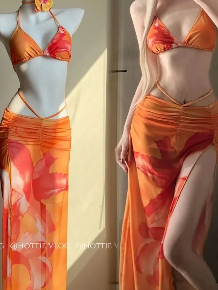 Women Sexy Beach Swimsuit 3 Piece Sets Summer Hotsweet Bikini Halter Tops Fashion Slim Lace Up Print Slit Lady Long Skirt